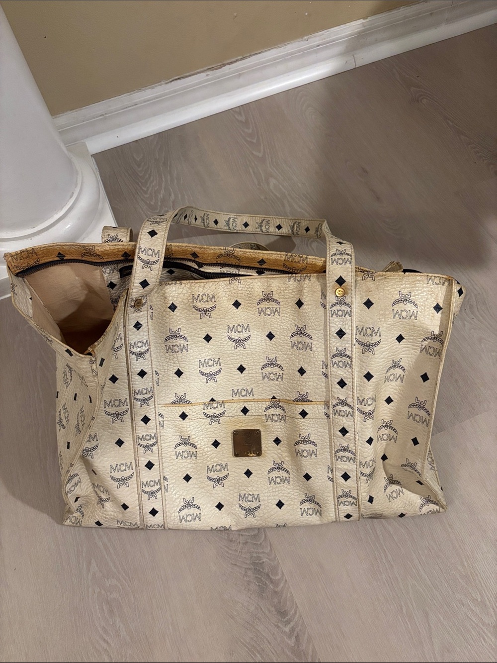 MCM Cream Monogram Canvas Tote with Black Print